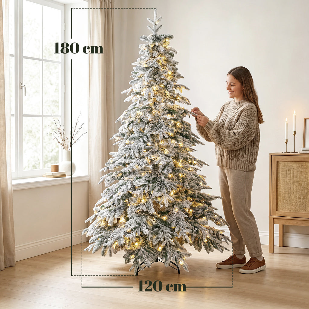 Sapin de Noël Artificiel 180 cm Arbre de Noël Lumineux Enneigé, Branches Articulées, Lumière 350 LEDs, Vert et Blanc-2