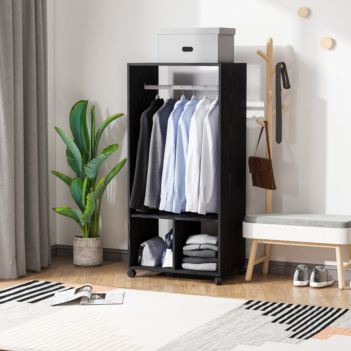 Armoire penderie étagère 2 niches 4 roulettes pivotantes dim. 60L x 40l x 128H cm Noir-1
