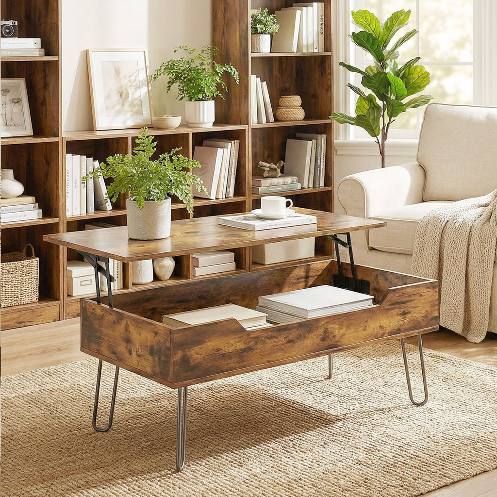 Table Basse Relevable en Bois avec Grand Rangement Caché, Hauteur Réglable, 95 x 50 x 40 cm, Marron Rustique-7