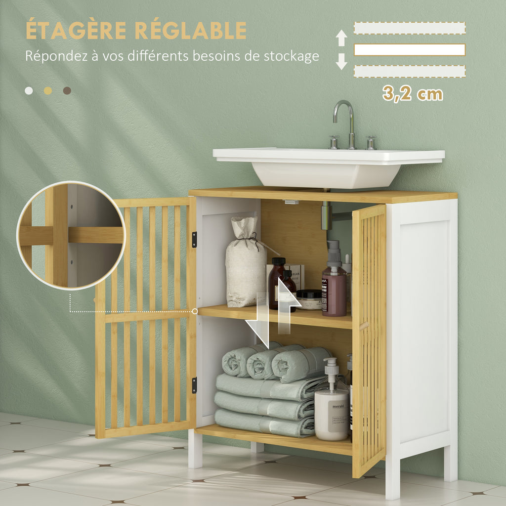 Meuble sous vasque 2 portes avec étagère réglable armoire de rangement pour lavabo 60 x 30 x 70 cm MDF et bambou-4