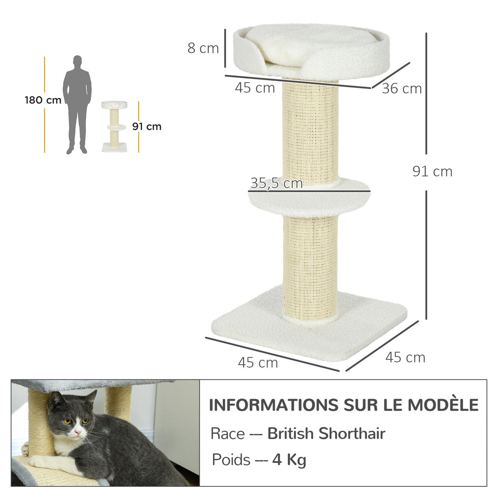 Arbre à chat avec griffoir centre d'activités 2 plateformes coussin crème-2
