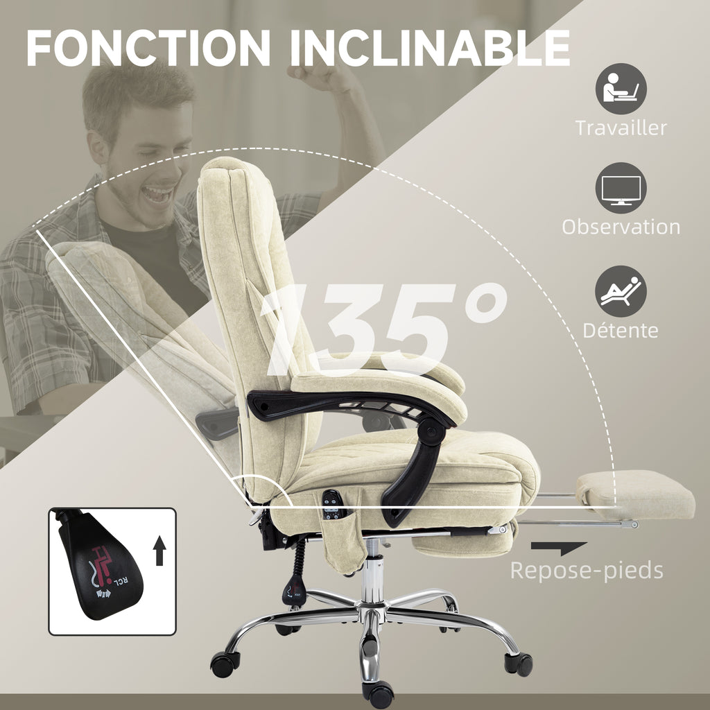 Fauteuil de bureau massant et chauffant hauteur réglable dossier inclinable télécommande repose-pieds rétractable beige-5