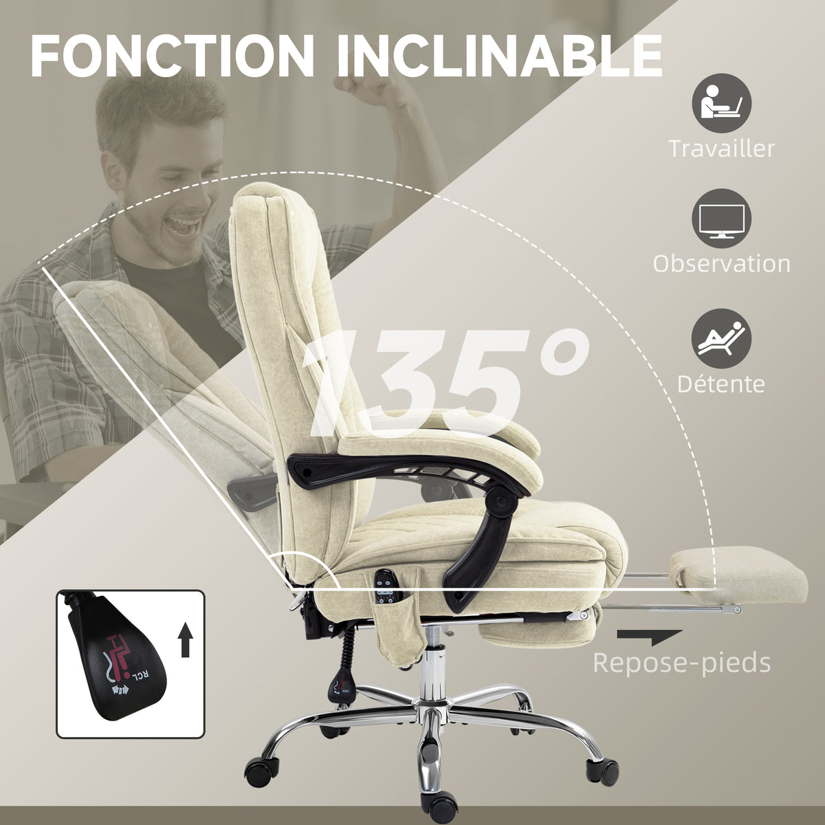 Fauteuil de bureau massant et chauffant hauteur réglable dossier inclinable télécommande repose-pieds rétractable beige-5