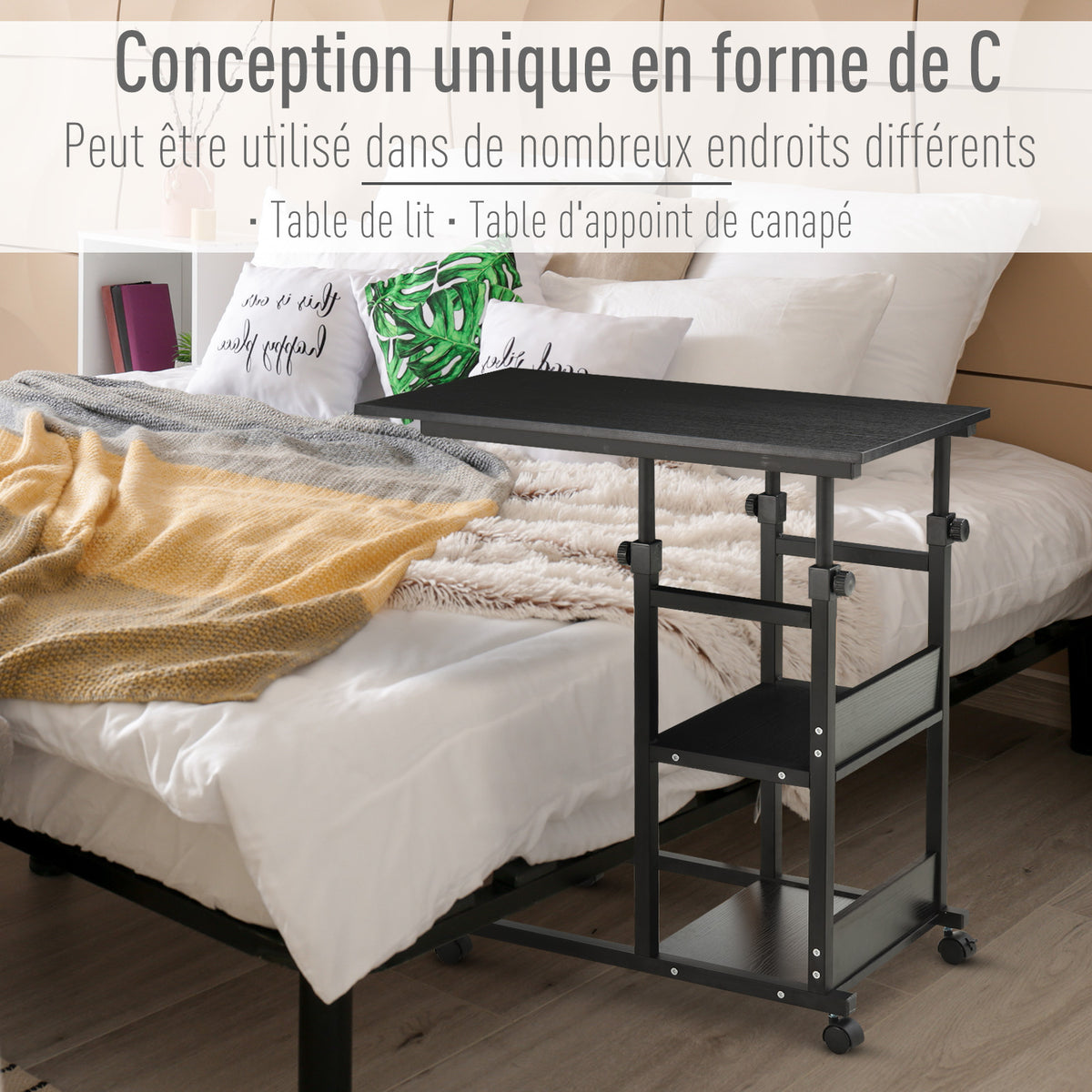 Table d'appoint Bout de canapé Table roulante Table de Lit pour Ordinateur Portable Hauteur réglable - 2 étagères intégrées - cadre métal Noir-3