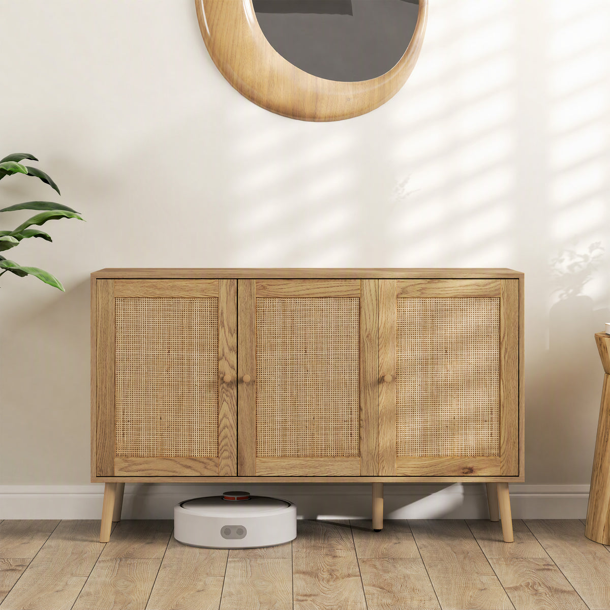 Buffet salon meuble de rangement avec placards à portes en rotin et étagère réglable, bois naturel-1