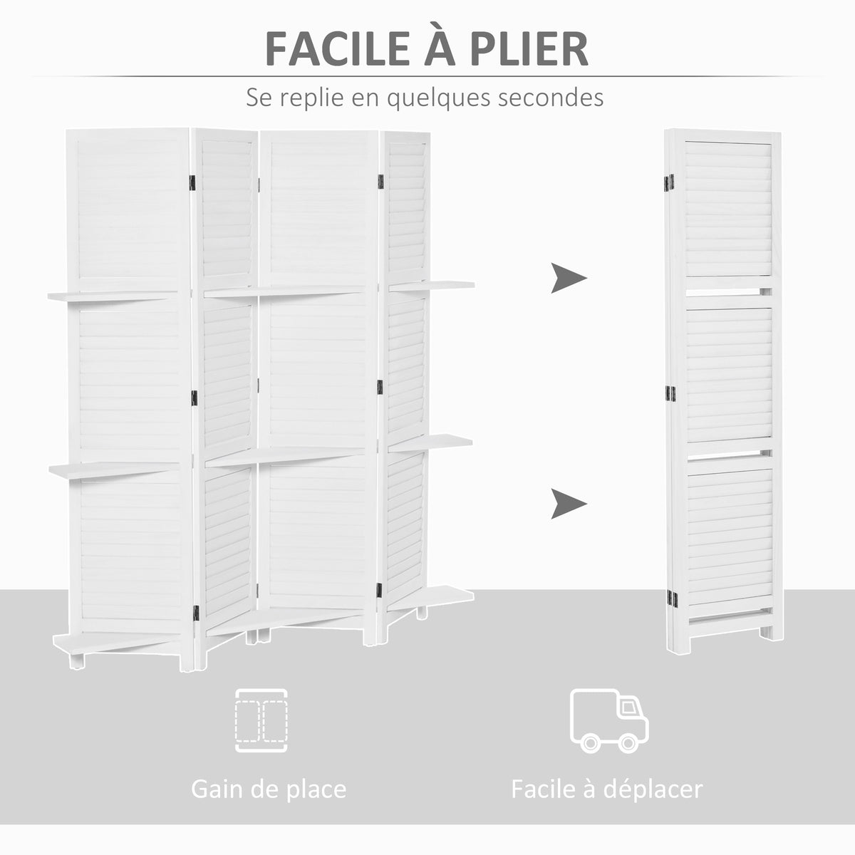Paravent Intérieur en Bois 4 Panneaux 160 x 170 cm, Séparateur de Pièce Pliable avec 3 Étagères, Cloison de Séparation pour Salon, Chambre à Coucher, Maison, Blanc-4