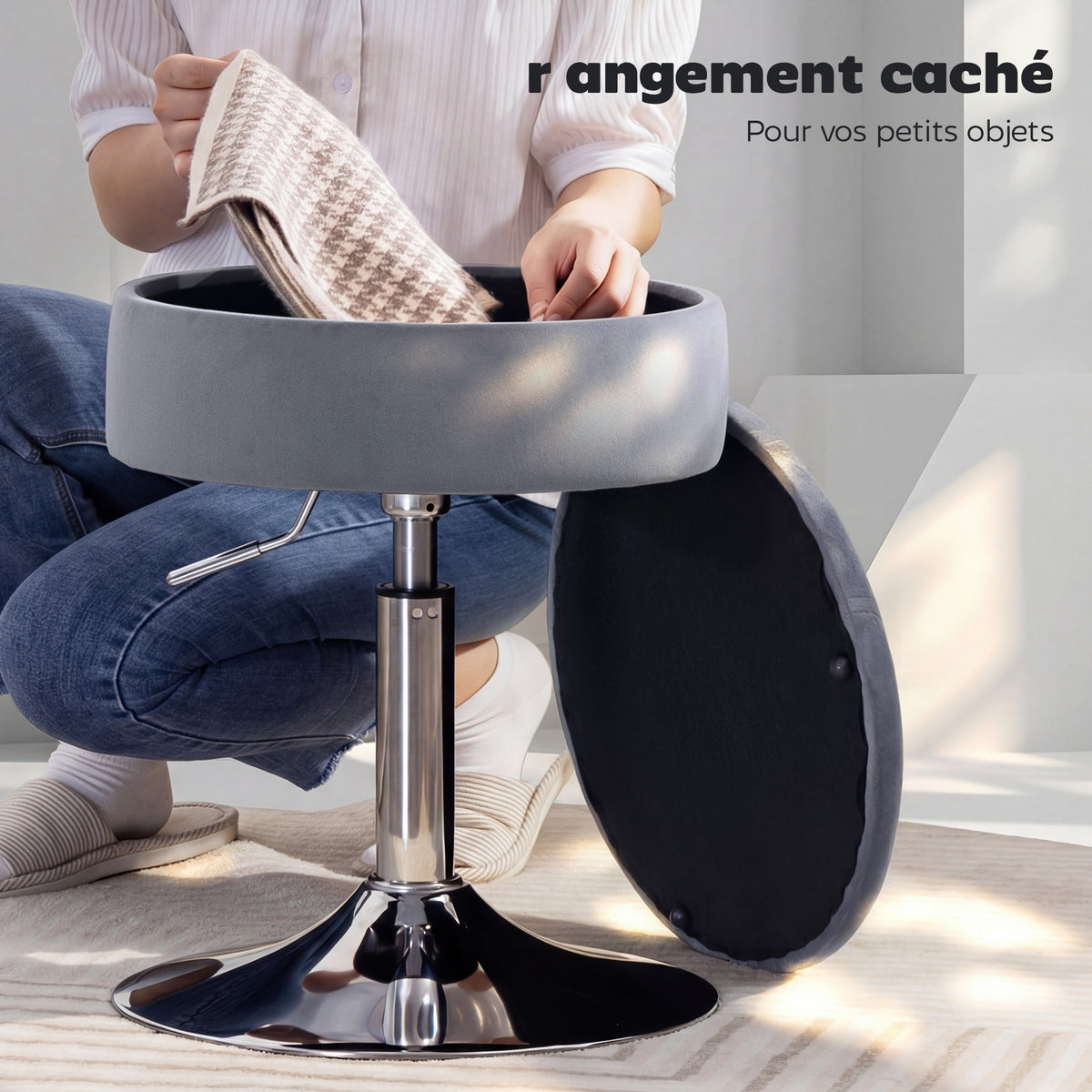 Tabouret de coiffeuse en velours, tabouret de maquillage pivotant avec rangement, hauteur réglable de 49-65 cm, gris-4