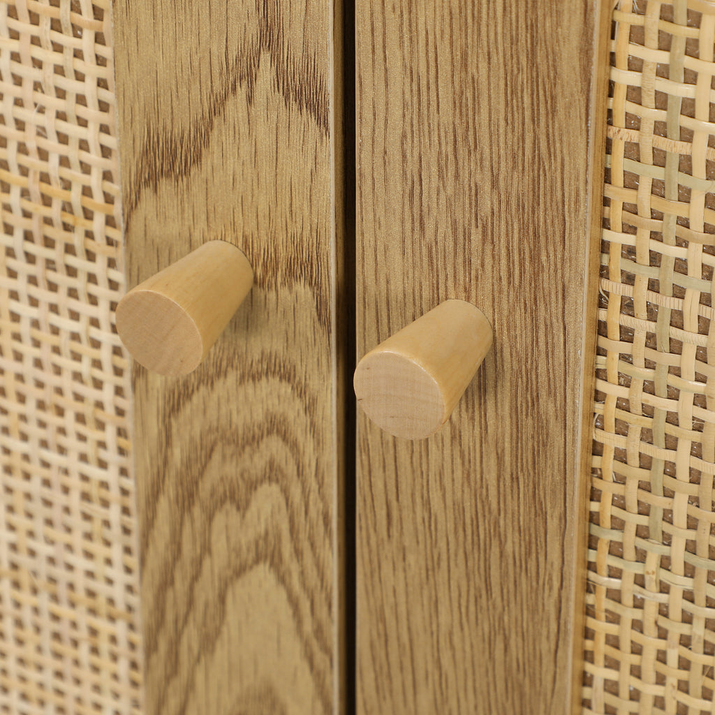Buffet salon meuble de rangement avec placards à portes en rotin et étagère réglable, bois naturel-9