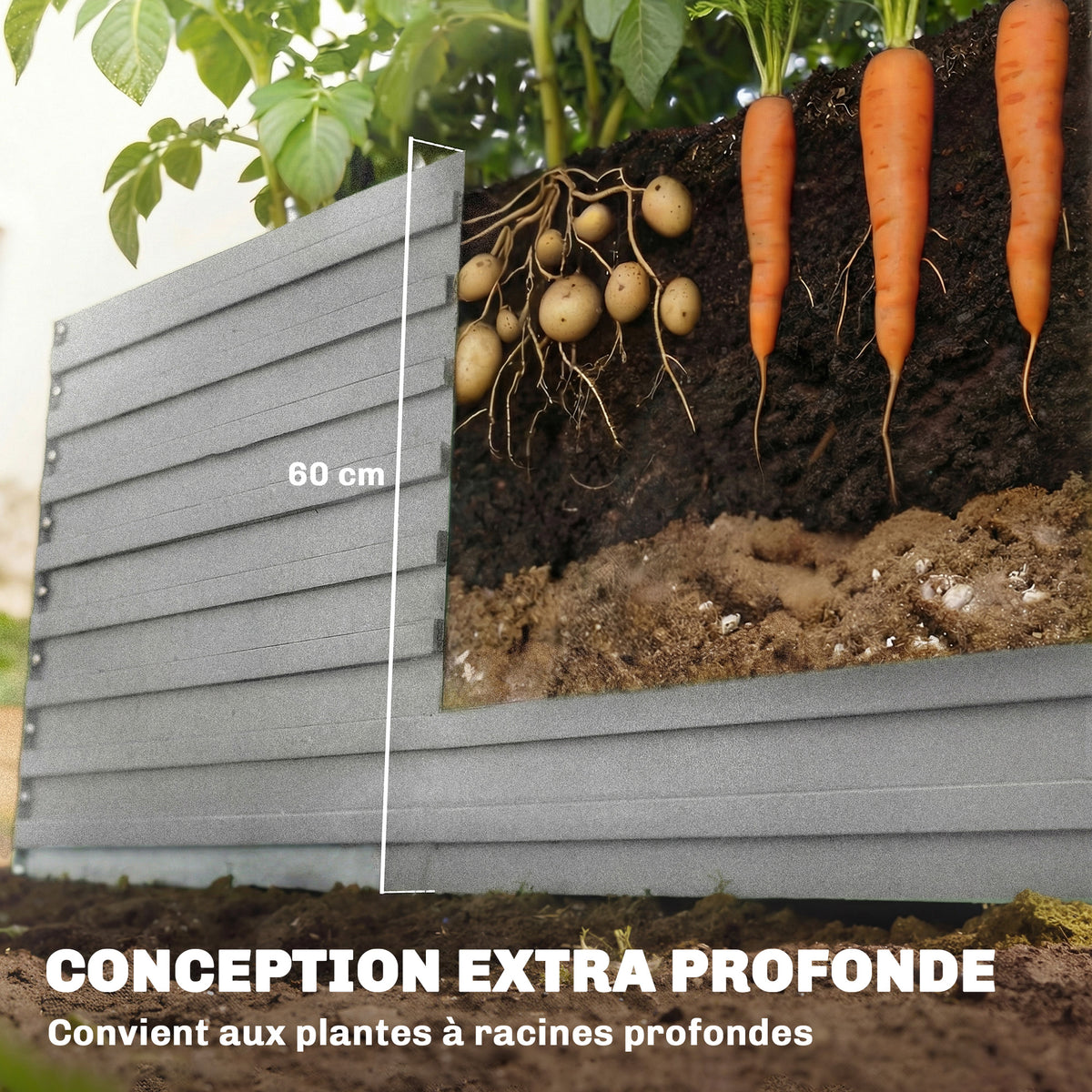 Jardinière extérieure, jardinière surélevée galvanisée bordure de sécurité et fond ouvert 240 x 120 x 60 cm gris argenté-3
