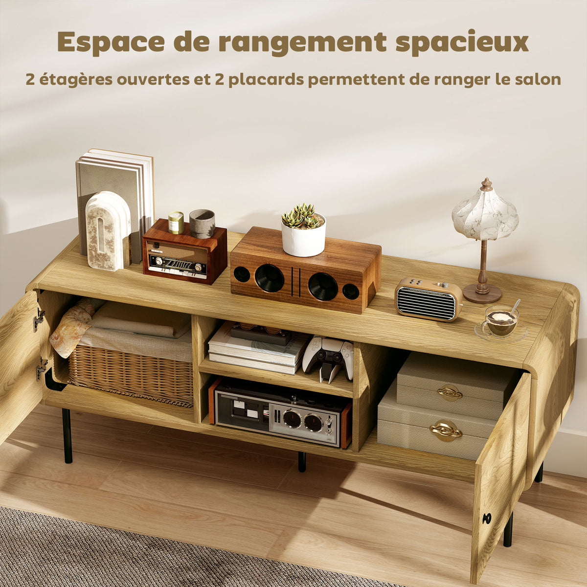 Meuble TV, meuble télé jusqu'à 55 pouces avec 2 portes, 2 compartiments ouverts, pieds en acier, 120x40x50cm, chêne-3