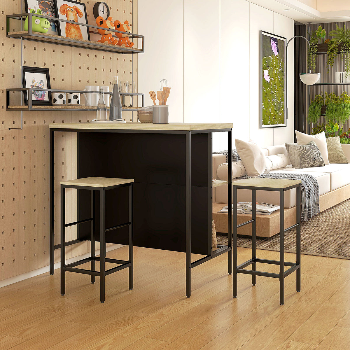 Ensemble table de bar et 2 tabourets style industriel avec étagère de rangement, repose-pieds, métal noir et aspect bois-9