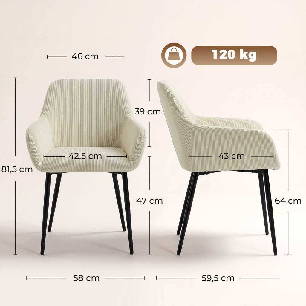 Lot de 2 chaises de salle à manger, chaises de cuisine rembourrées en velours côtelé avec accoudoirs et dossier, crème-2