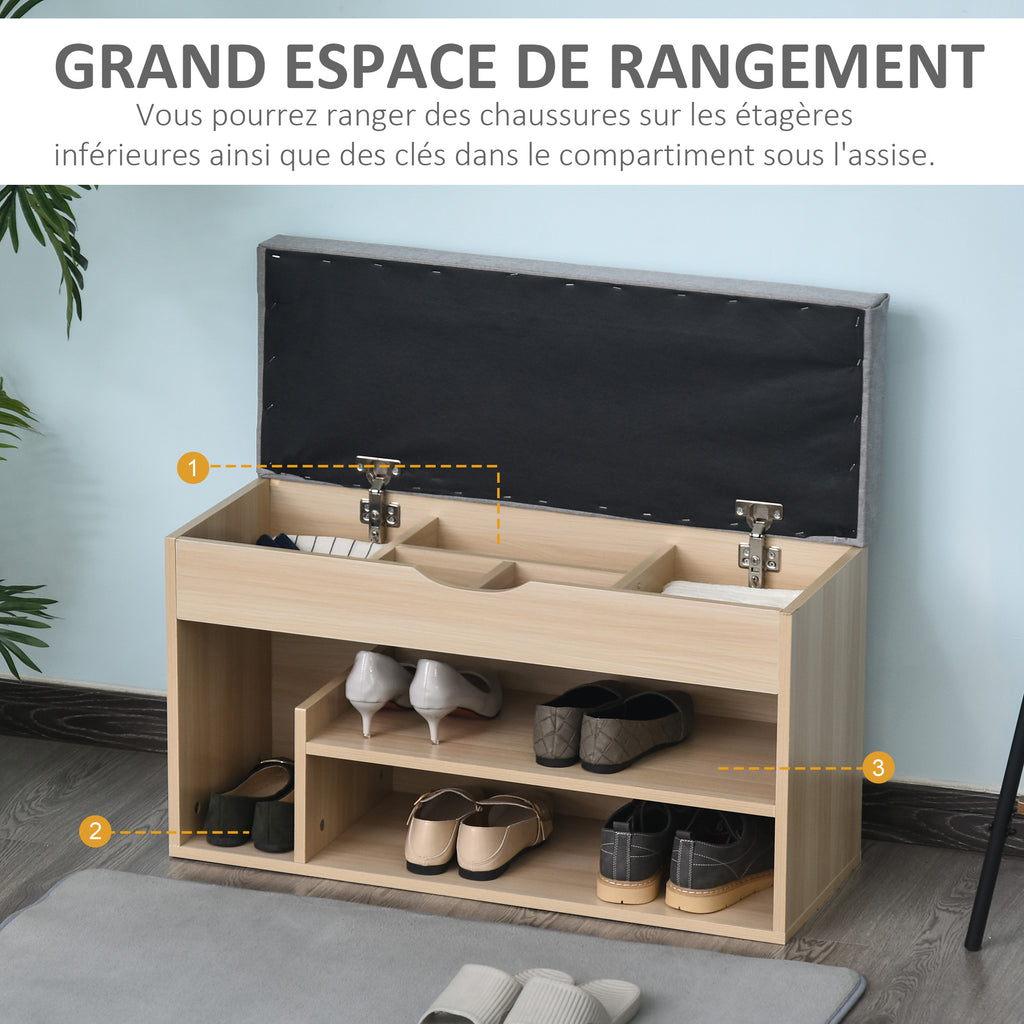 Meuble Chaussures Banc à Chaussures 2 Niveaux Rangement, Niche + Coffre intégré avec Coussin Beige Gris-5