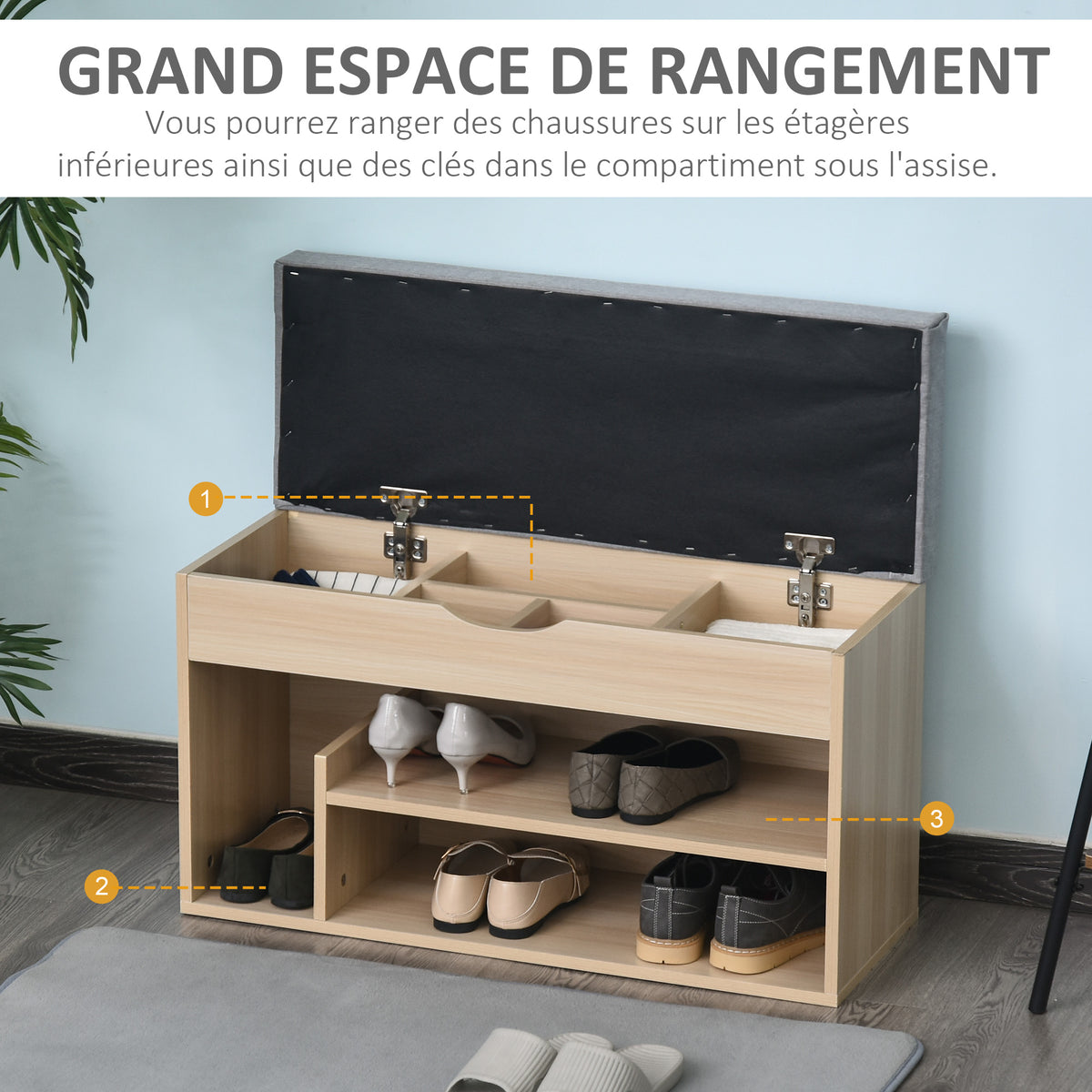 Meuble Chaussures Banc à Chaussures 2 Niveaux Rangement, Niche + Coffre intégré avec Coussin Beige Gris-5