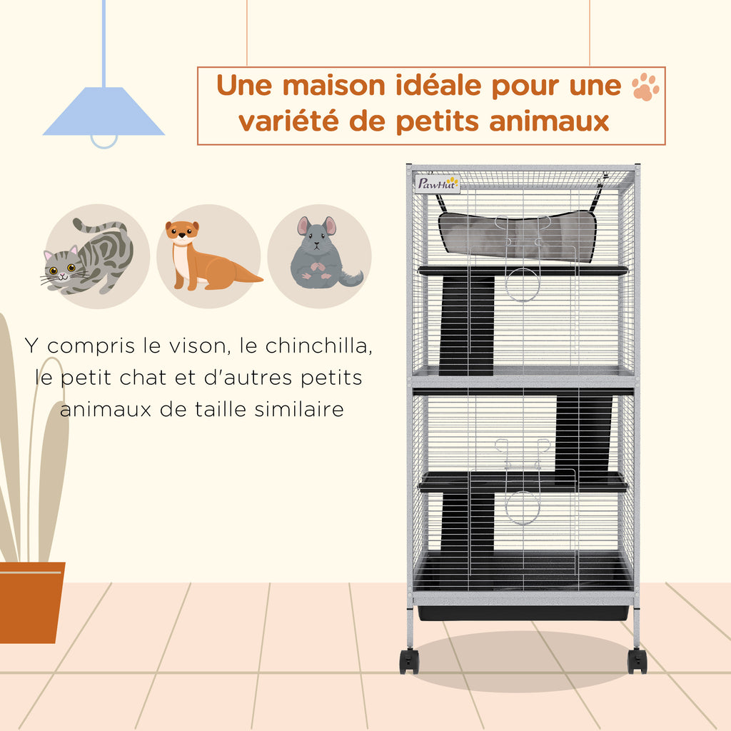 Cage pour Petits Animaux Portable à 4 Niveaux avec Roulettes, 2 Portes, 3 Rampes, Hamac et Plateau Amovible-3