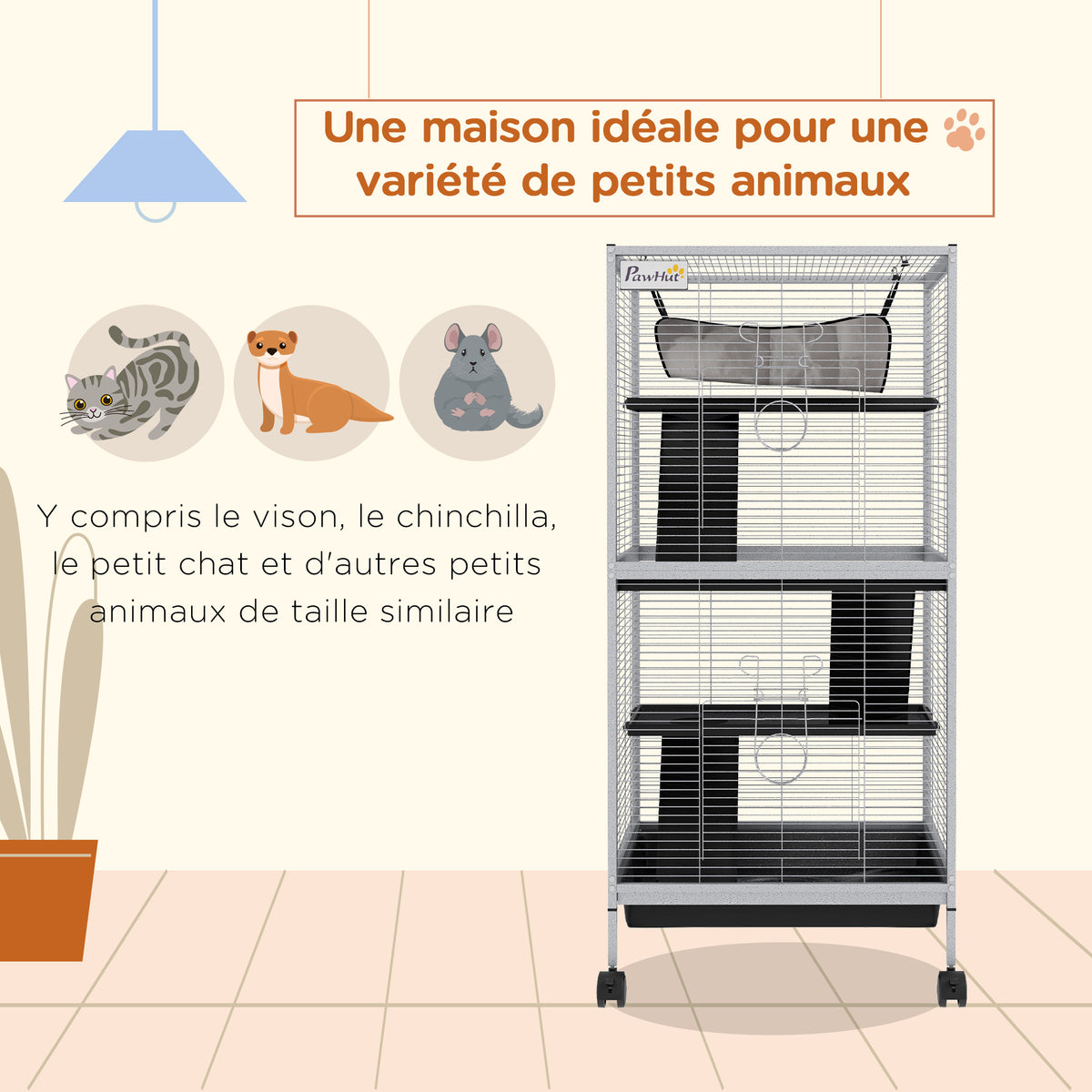 Cage pour Petits Animaux Portable à 4 Niveaux avec Roulettes, 2 Portes, 3 Rampes, Hamac et Plateau Amovible-3