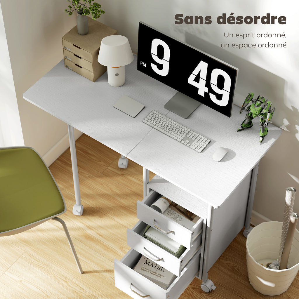 Bureau d'ordinateur pliable sur roulettes, bureau avec rangement, 3 tiroirs, plateau extensible, 105x51x75,5cm, blanc-4