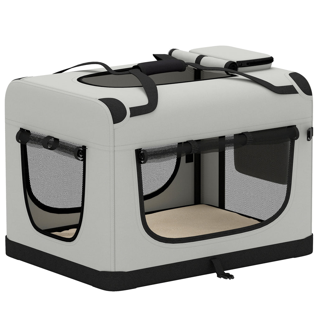 Grand Sac Transport Chat Chien Plaible Respirant Sangle Sécurité Coussin Lavable Gamelle Pliable 81x56x58cm Gris Clair-0