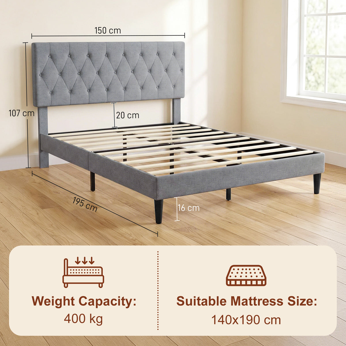 Cadre de Lit 140 x 190 cm avec Sommier, Lit Double Rembourré en Lin, Tête Capitonnée, Support à 10 Lattes, Gris-2