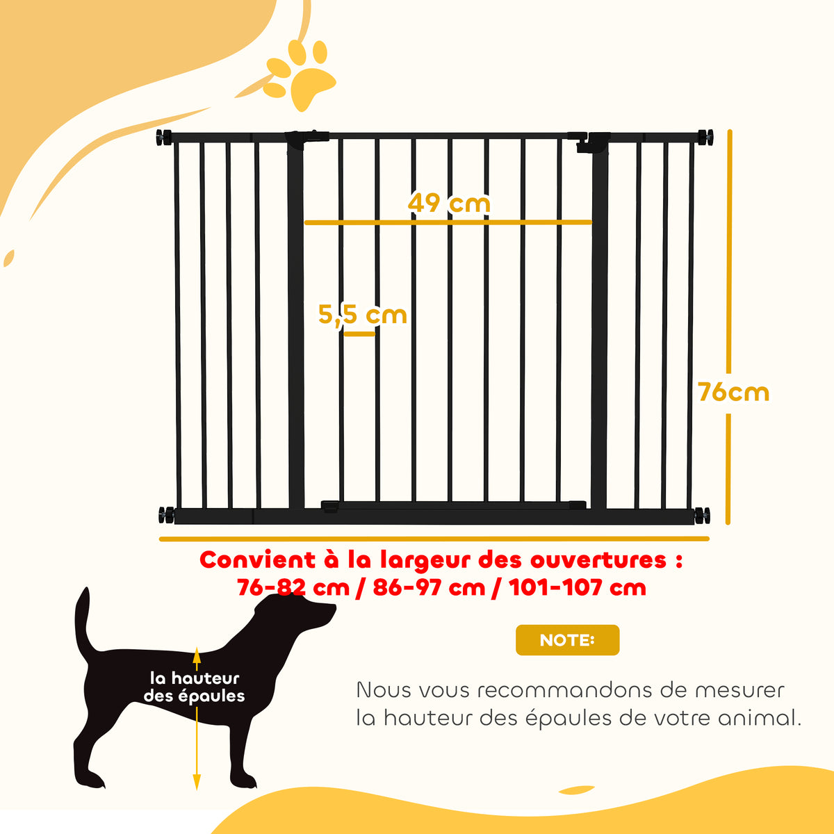 Barrière de Sécurité Chien Réglable 76-107 cm, avec 2 Rallonges (10/15 cm), Ouverture d'une Main, sans Perçage, Noir-2