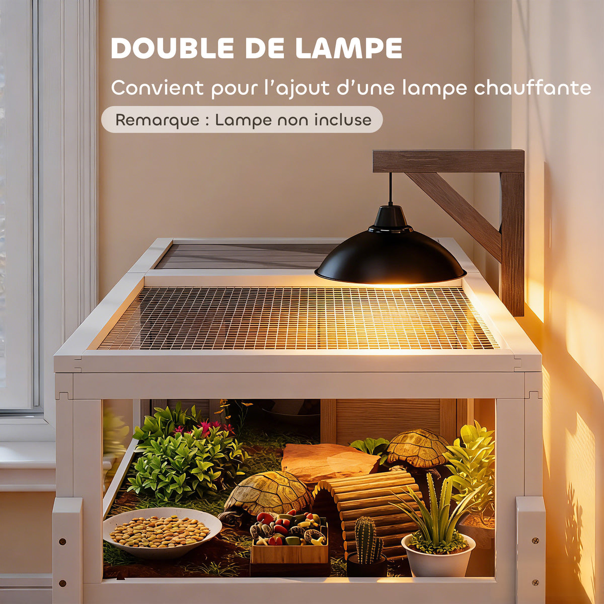 Maison pour tortues enclos tortue en bois 2 espaces support de lampe toit ouvrable plateau coulissant 104x53x82cm gris-6