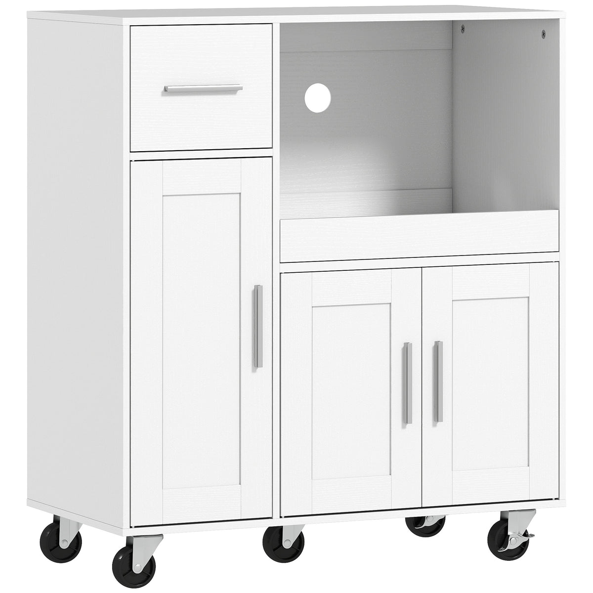 Desserte cuisine à roulettes, meuble micro onde, plateau coulissant, tiroir, placards 3 portes, 80x40x88,7cm, blanc-0