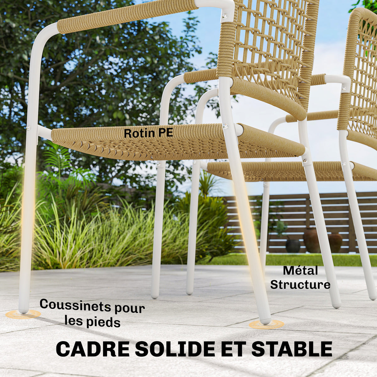 Lot de 2 Chaises de Jardin Empilables en Résine Tressée avec Accoudoirs et Dossier, 55x57x82cm, Jaune-5