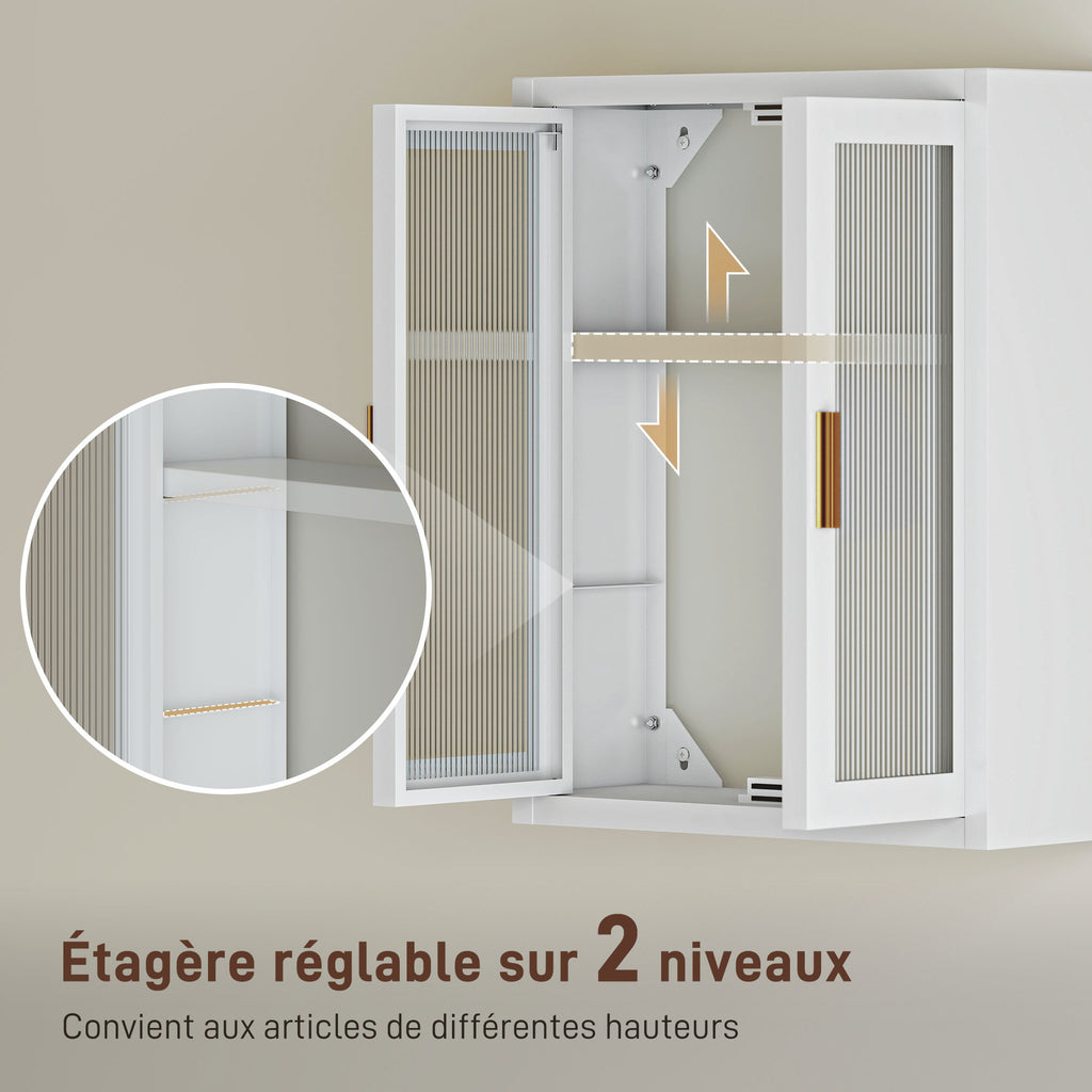 Armoire murale de salle de bain, meuble haut salle de bains avec 2 portes cannelées, étagère réglable, 40x14x50cm, blanc-4