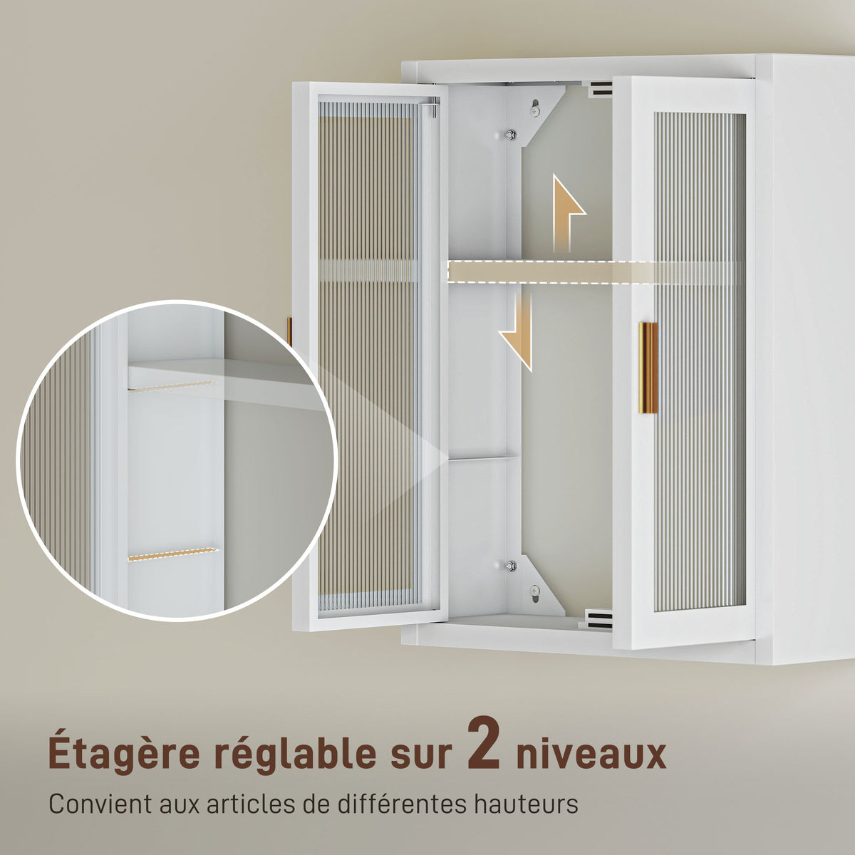 Armoire murale de salle de bain, meuble haut salle de bains avec 2 portes cannelées, étagère réglable, 40x14x50cm, blanc-4