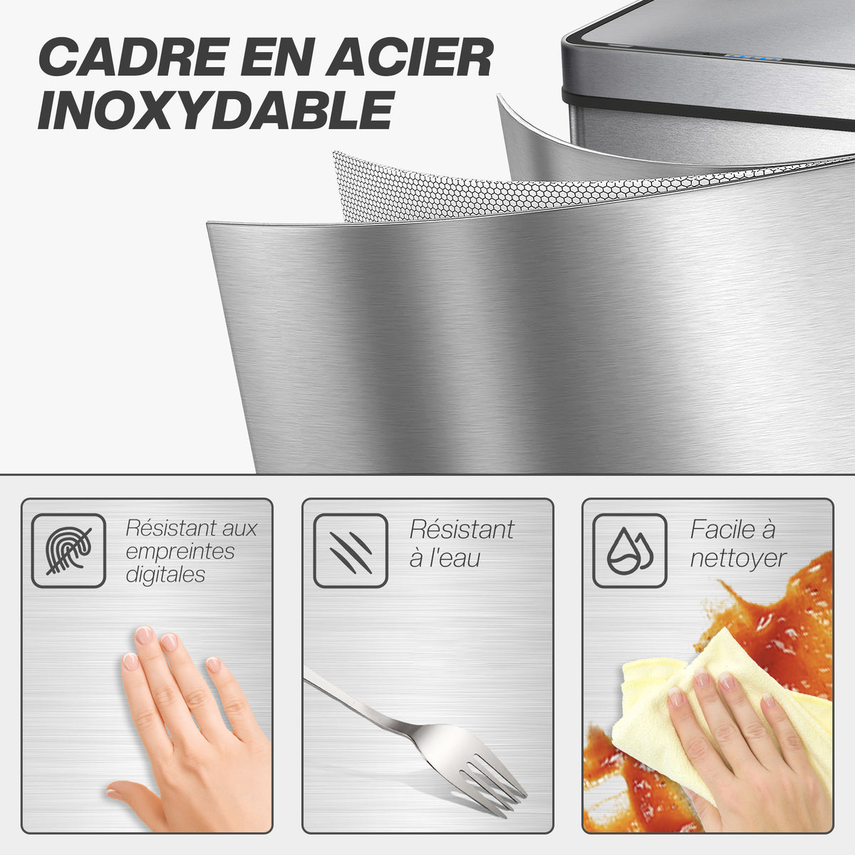 Poubelle à capteur 60 L avec couvercle à fermeture douce, poubelle de cuisine automatique en acier inoxydable, argenté-5
