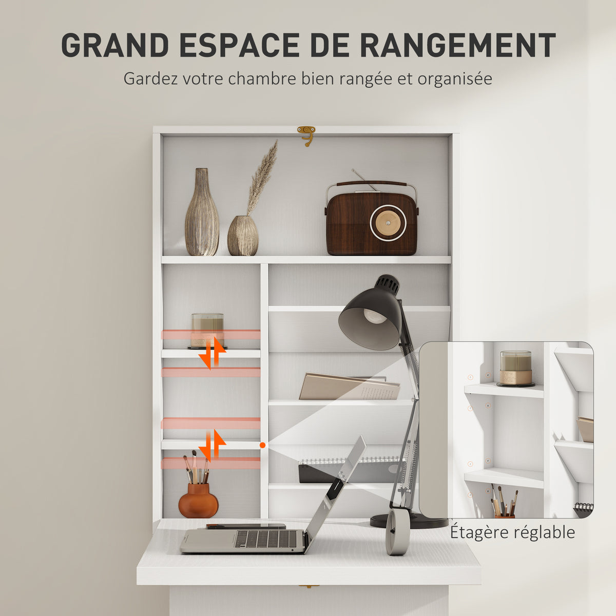 Bureau pliable mural, table murale pliante avec étagères pour salon, salle à manger, bureau, 93,8 x 60 x 147 cm, blanc-4