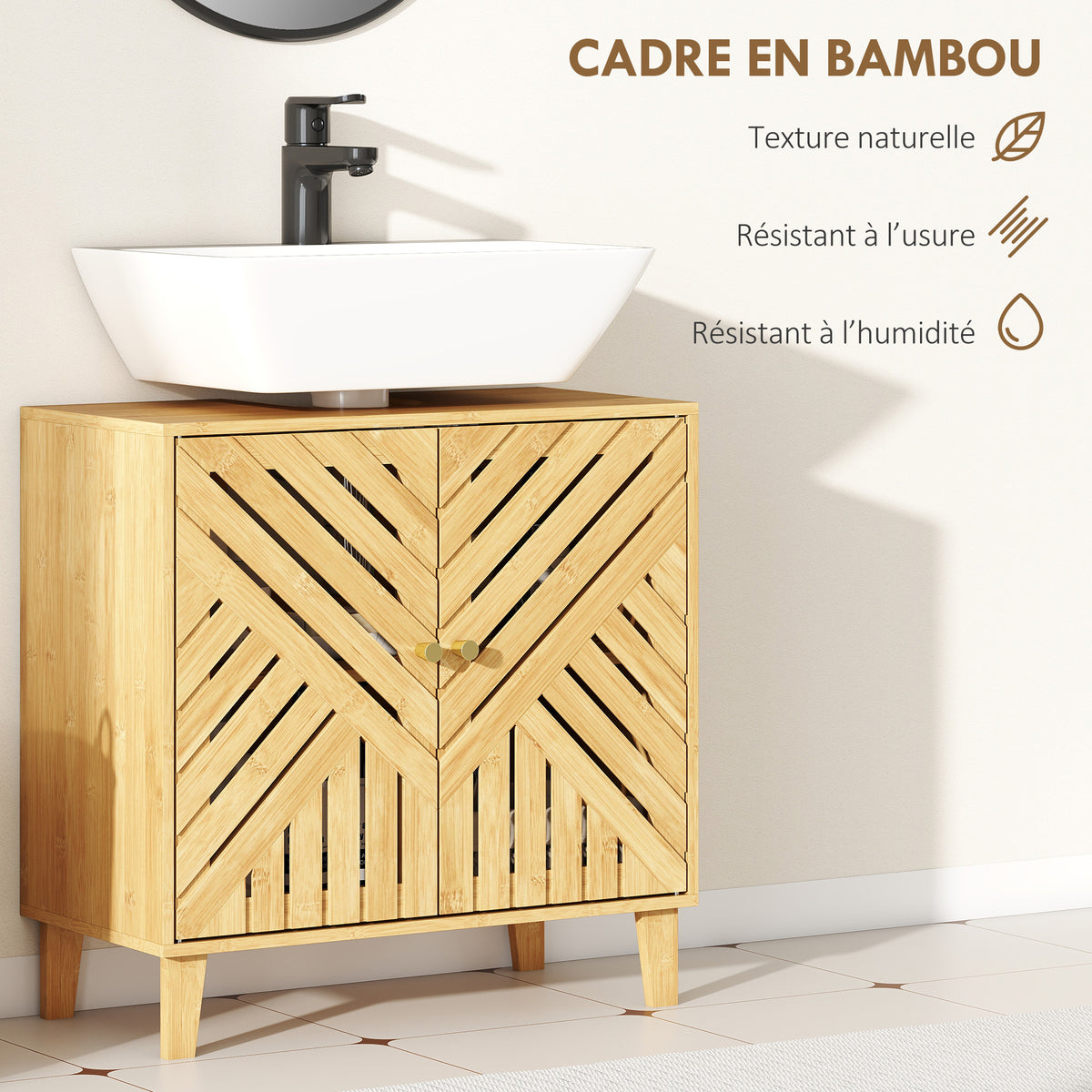 Meuble sous lavabo, meuble de salle de bain en bambou avec étagère réglable et portes à lattes 60 x 30 x 60 cm, naturel-4