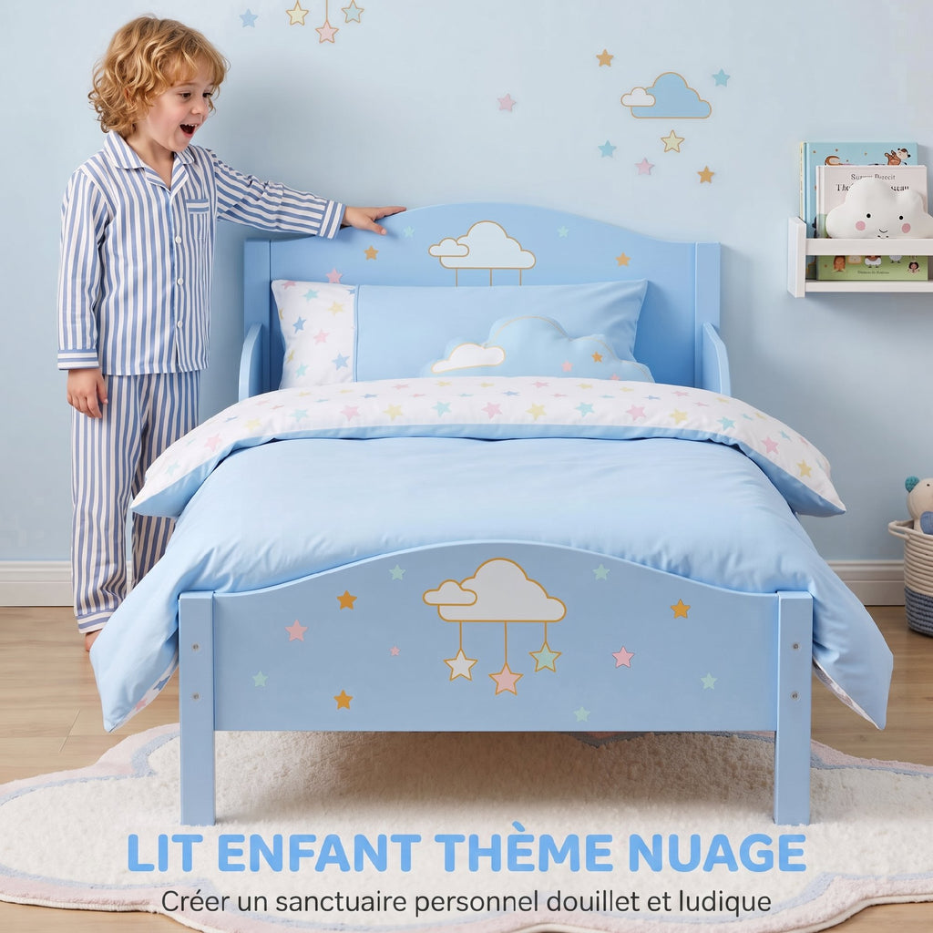 Lit Enfant 70 x 140 cm, Lit pour Enfant avec Barrière de Sécurité et Sommier à Lattes en Bois, Motif Nuage, Bleu-3