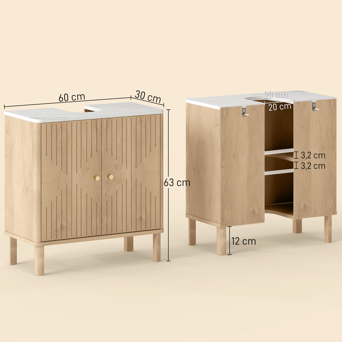 Meuble sous lavabo meuble de salle de bain sous vasque étagère réglable plan de toilette effet marbre 60x30x63cm chêne-2