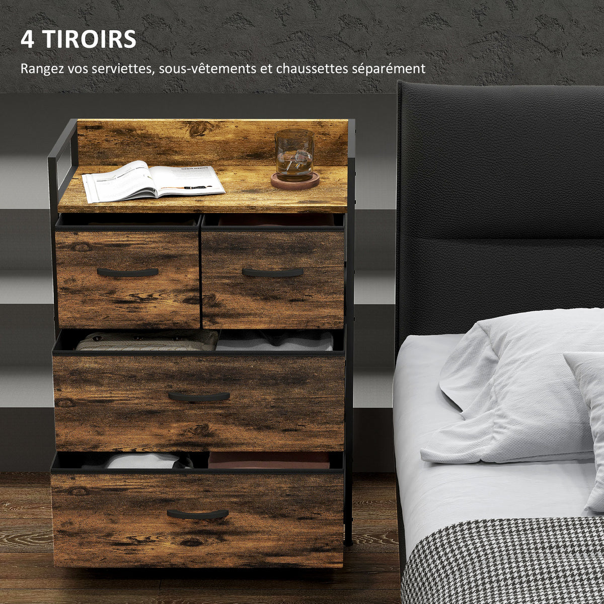 Meuble de rangement style industriel commode 4 tiroirs en tissu pliables et amovibles et 1 étagère - 60 x 29 x 85 cm-3