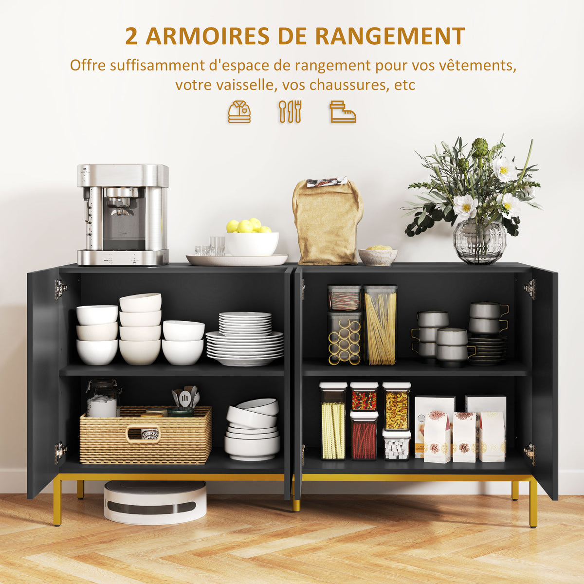 Buffet design contemporain graphique 2 placards porte étagères réglables en bois noir métal doré-4