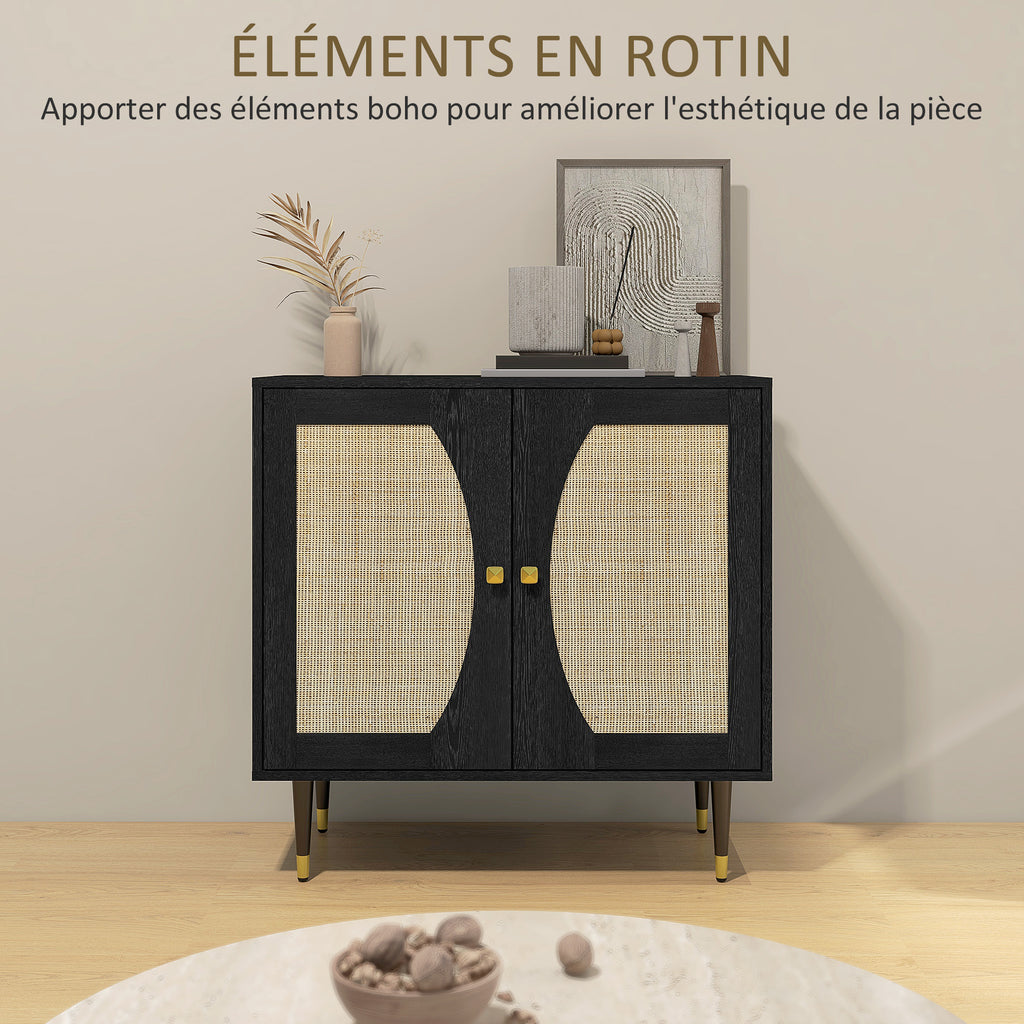 Buffet de cuisine meuble de rangement design bohème double portes avec 2 niveaux, façade en rotin 80 x 38 x 79 cm noir-3