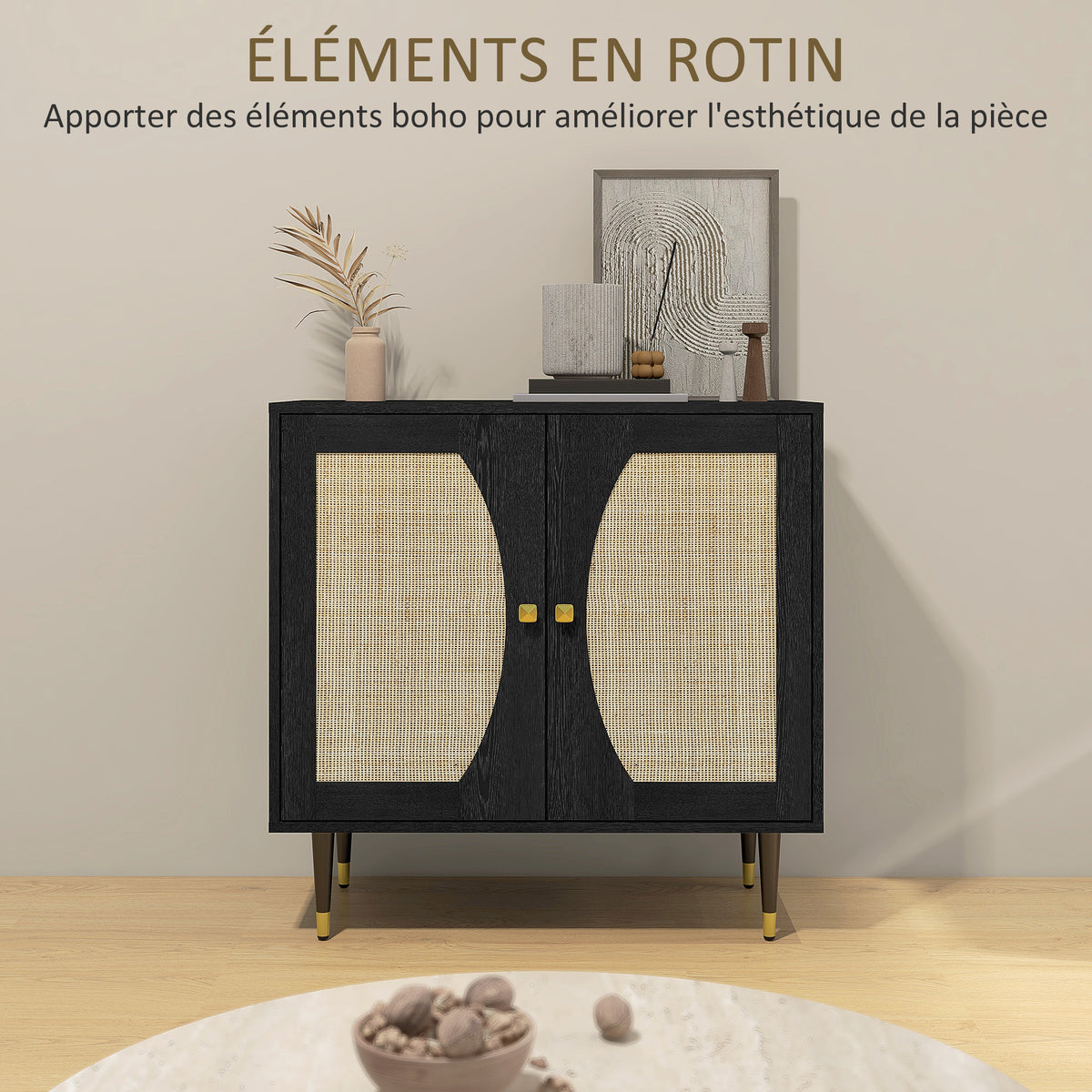 Buffet de cuisine meuble de rangement design bohème double portes avec 2 niveaux, façade en rotin 80 x 38 x 79 cm noir-3