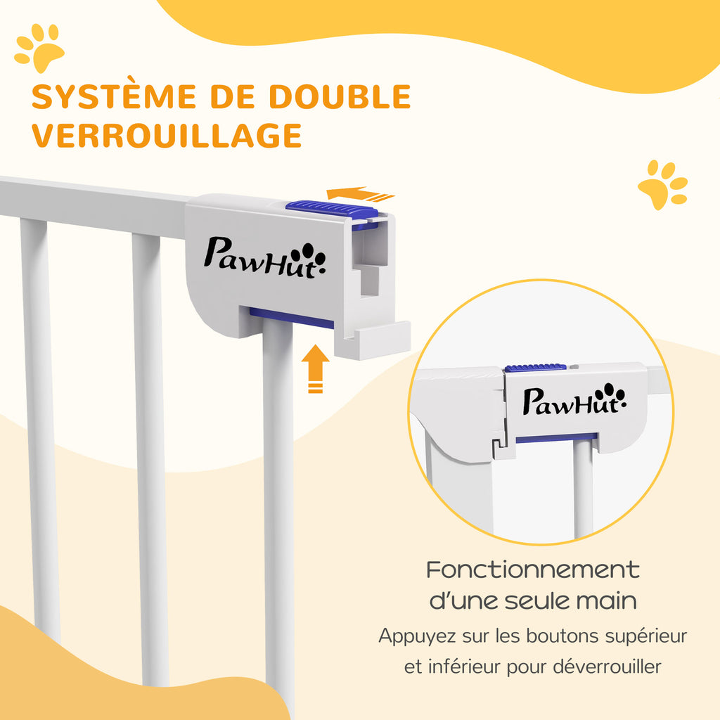 Barrière pour chien en acier à 3 panneaux pliante double verrouillage et porte intégrée pour porte et escalier blanc-4