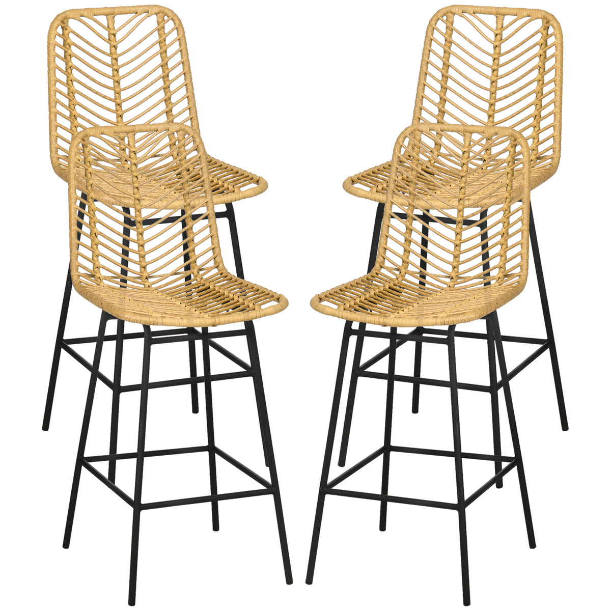 Lot de 4 tabourets de bar, chaises de bar, dossier en cannage et repose-pieds, cadre en acier, 42,5x52x102cm, jaune-0