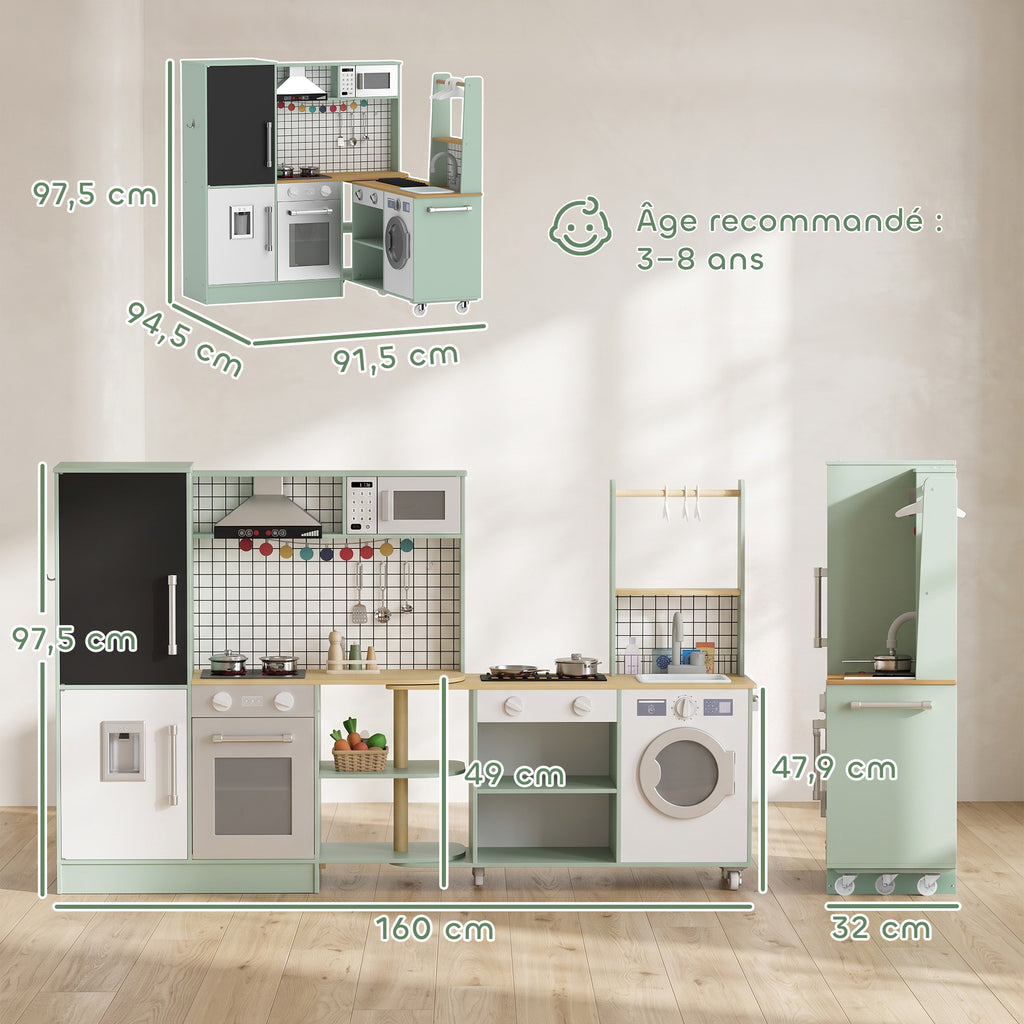 Cuisine Enfant Jouet d'Imitation, Micro-Ondes, Four, Plateau Rotatif sur Roulettes, 160x32x97,5cm, Vert Clair-2