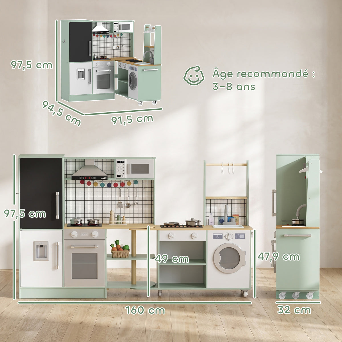 Cuisine Enfant Jouet d'Imitation, Micro-Ondes, Four, Plateau Rotatif sur Roulettes, 160x32x97,5cm, Vert Clair-2