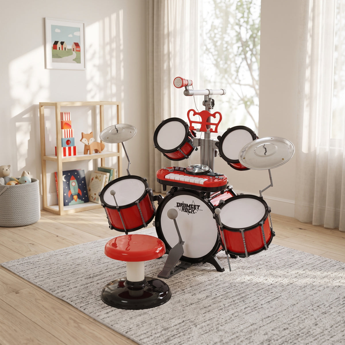 Kit de Batterie pour Enfants avec Tabouret, Clavier Électronique, Microphone, Connecté via USB, 77,5x40x76,5cm, Rouge-1