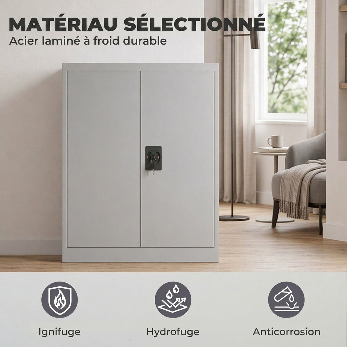 Armoire de Bureau Métallique, 80 x 40 x 92,5 cm, Meuble de Rangement en Acier avec Serrure, Étagère Réglable, Gris-3