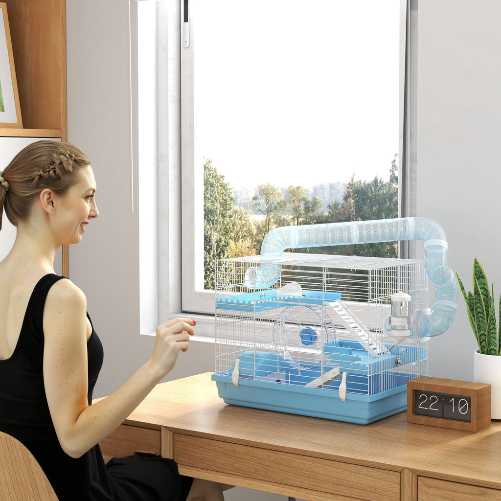 Cage pour hamster portable avec cabane, roue de course, gamelle, bouteille d'eau, 47,5 x 31,5 x 29,5 cm, bleu clair-8