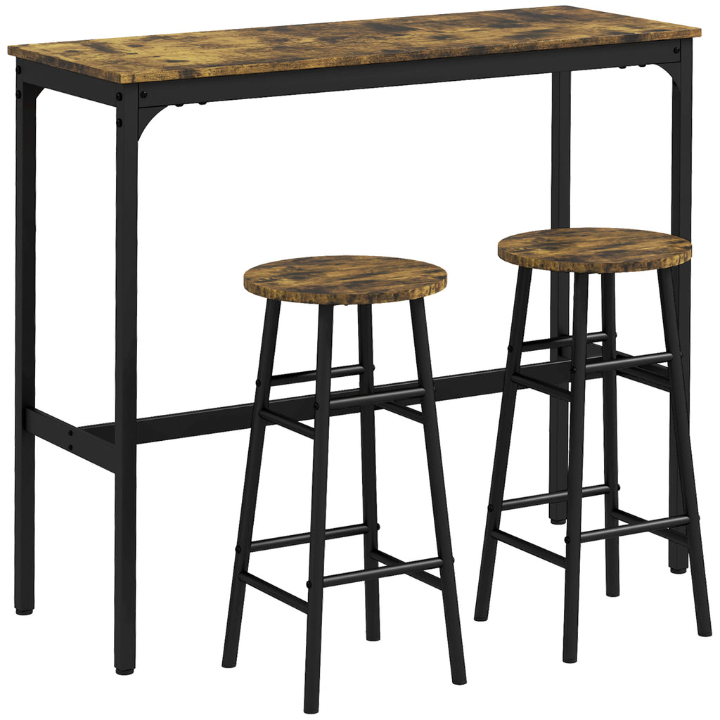 Ensemble table haute de bar + 2 tabourets structure en acier plateau aspect effet bois d'acajou 2 personnes noir-0