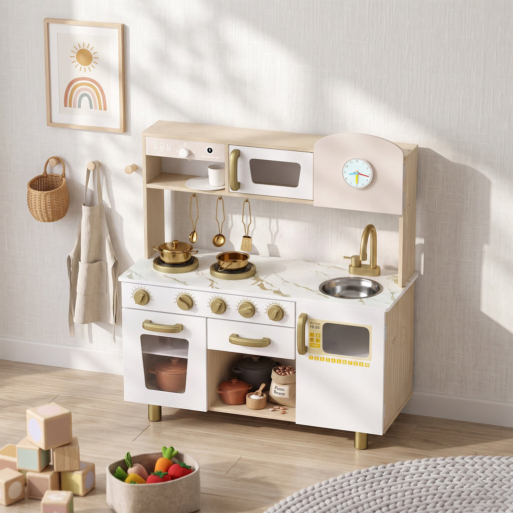 Cuisine Enfant en Bois, Dinette Cuisine Enfant avec Ustensiles en Acier Inoxydable, pour 3 à 6 Ans, 74x29x81cm, Blanc-8