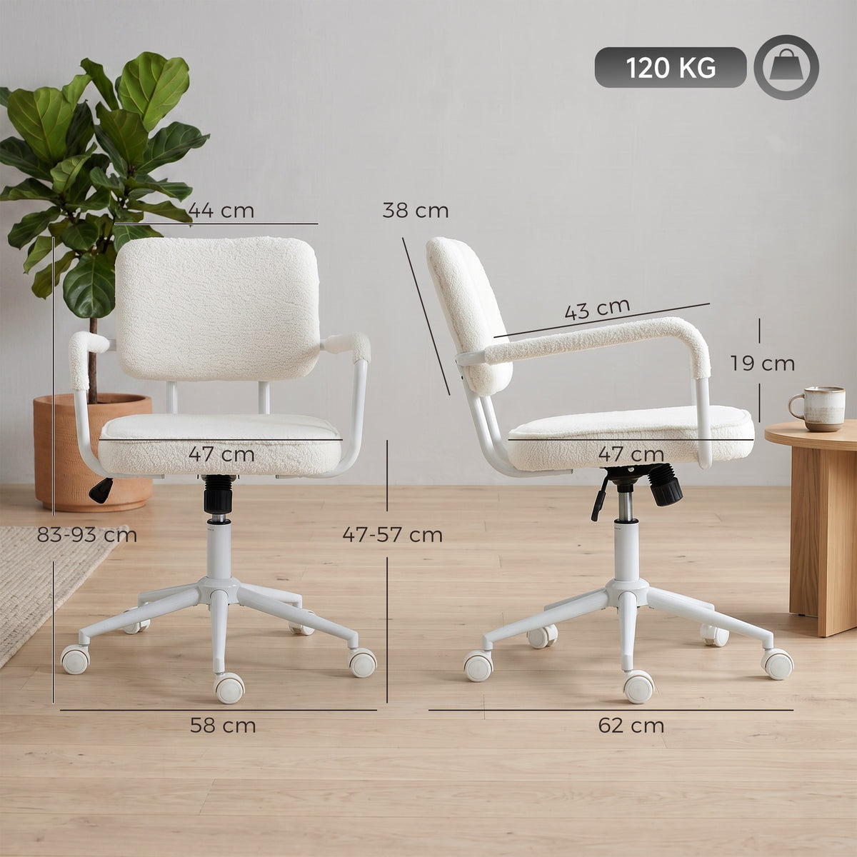 Chaise Bureau Ergonomique, Fauteuil de Bureau en Tissu Bouclette avec Hauteur Réglable, Fonction Bascule, Crème-2