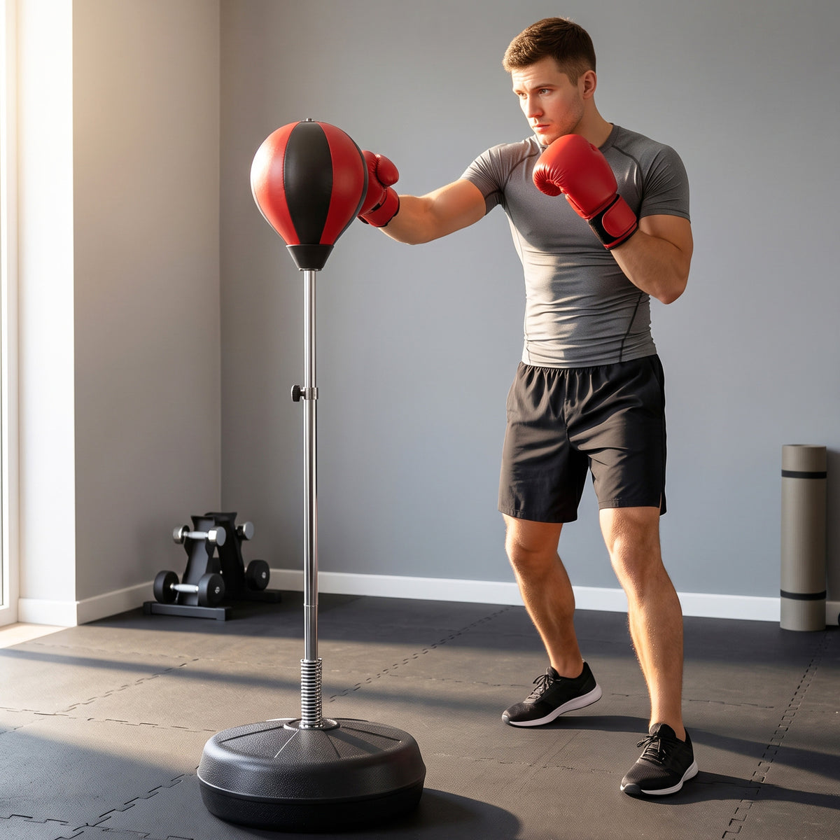 Sac de Frappe sur Pied Punching ball sur pied réglable en hauteur 126-144 cm avec gants, pompe et base de lestage pour adolescents et débutants noir et rouge-1