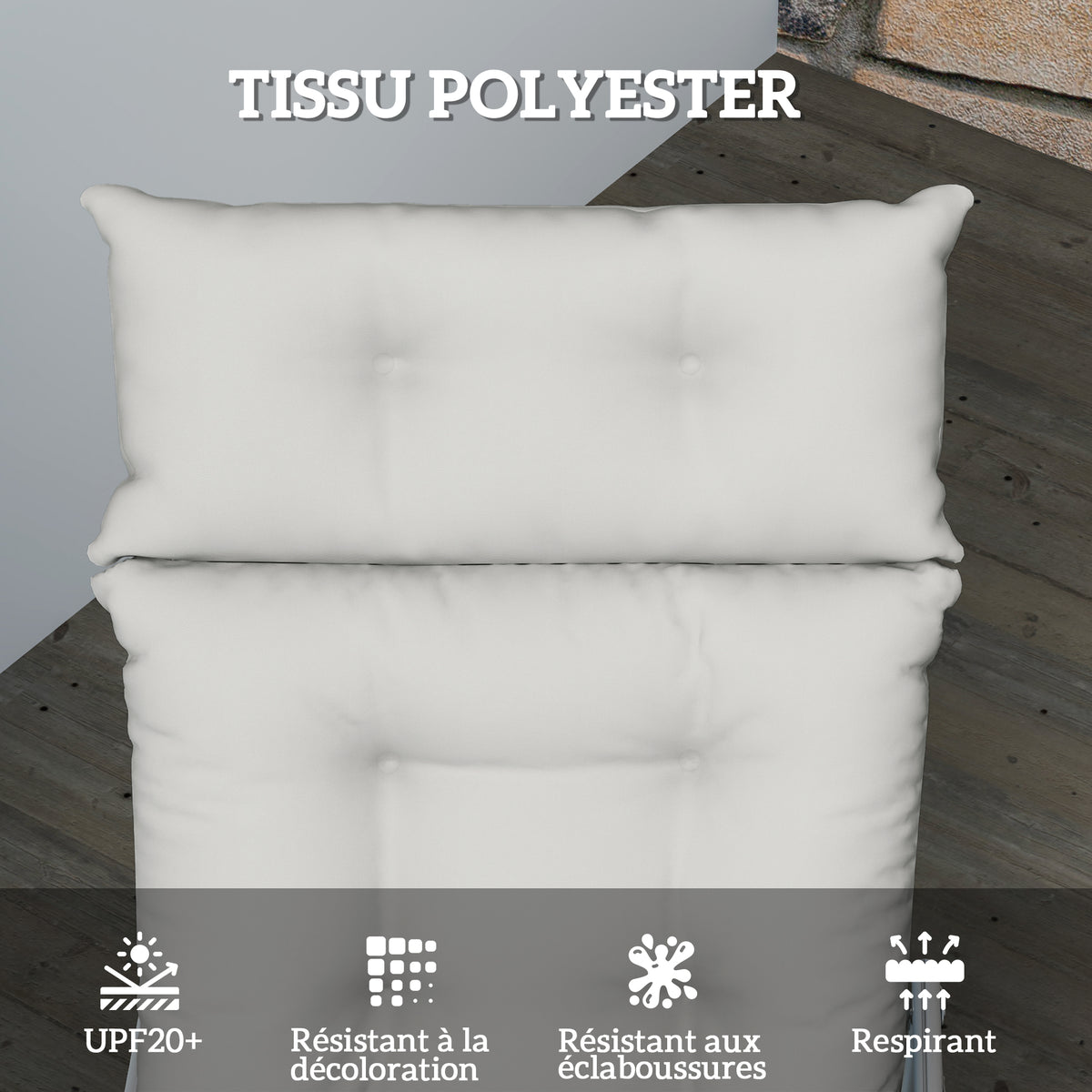 Coussin bain de soleil épais coussin chaise longue 190 x 56 x 10 cm, UPF20+, matelas transat six attaches, gris clair-3